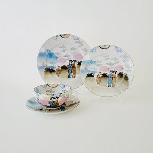 Japanese Kutani Geisha Girls Teacup, Saucer, Salad & Bread Plate Pink & Blue